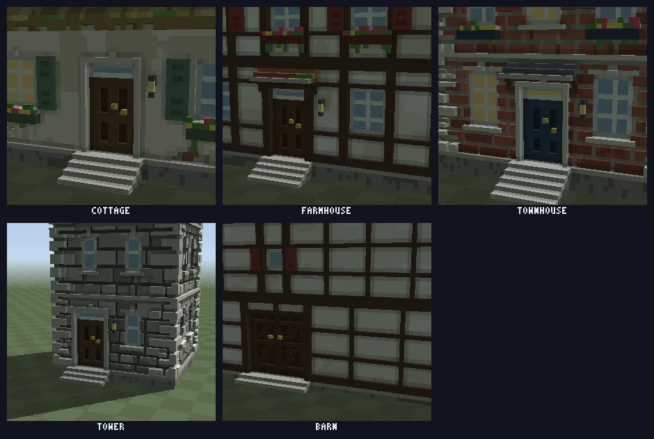 Close-ups of each preset's front door, windows and wall texture