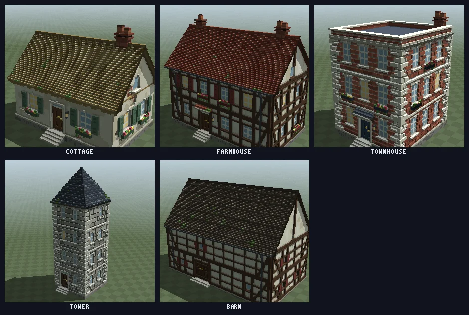 The five building presets: cottage, farmhouse, townhouse, tower and barn