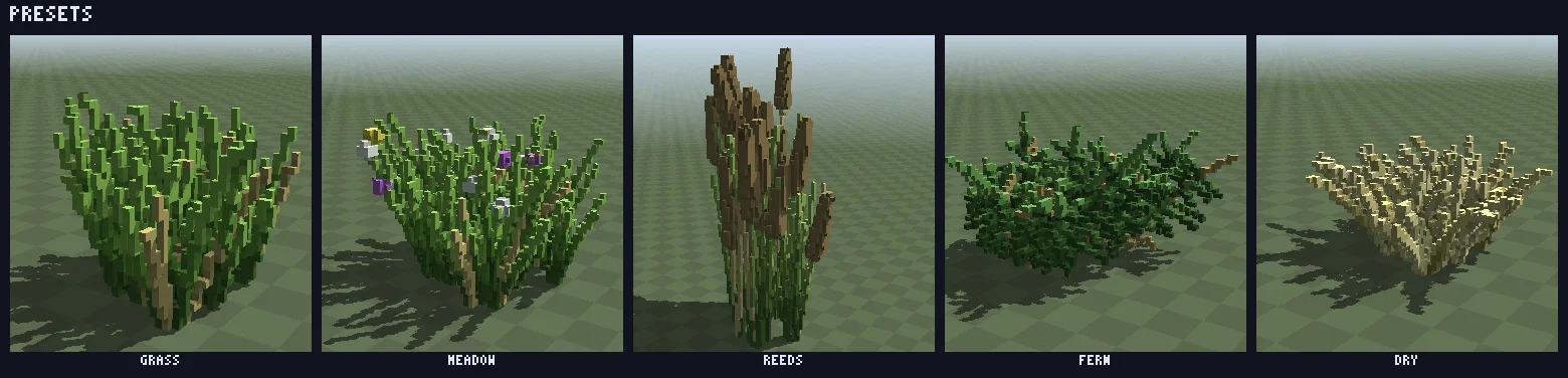 The five grass presets: grass, meadow, reeds, fern and dry