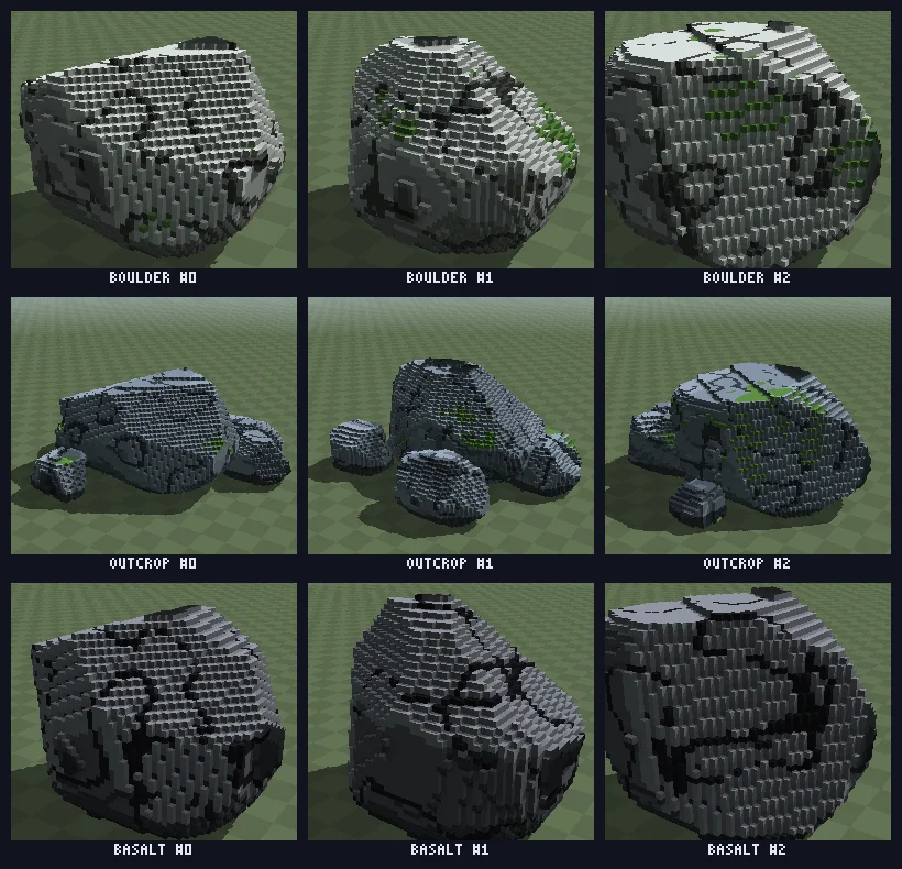Boulder, outcrop and basalt, three seeds each
