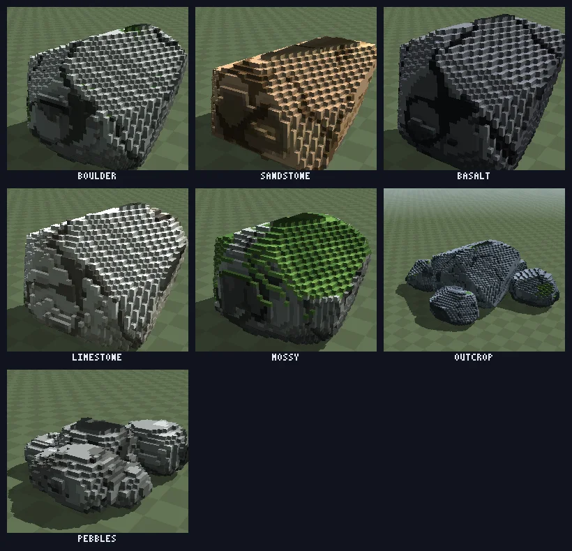 The seven rock presets: boulder, sandstone, basalt, limestone, mossy, outcrop and pebbles