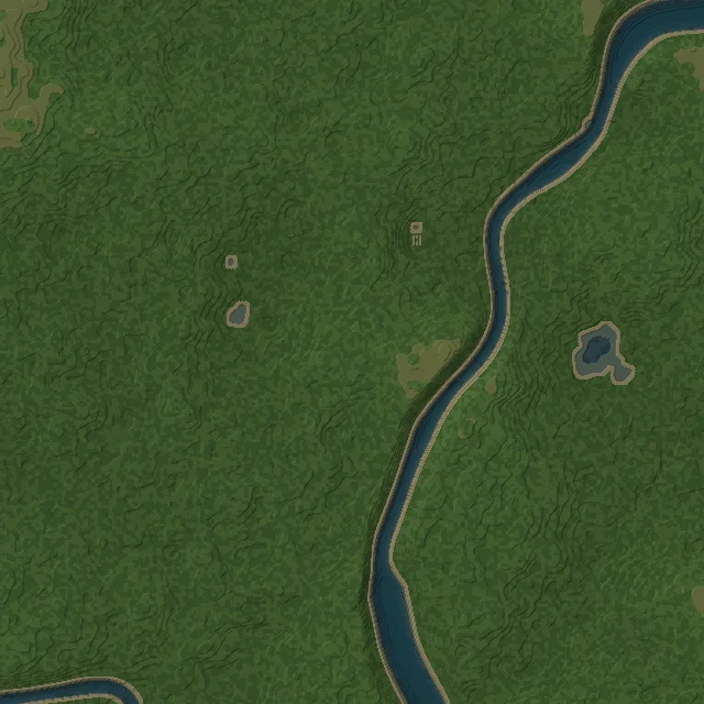 A shaded map of a generated region: hills, a river meandering through its valley, and lakes