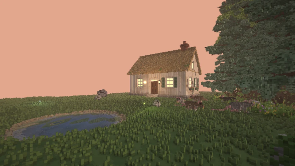 The bench example at 20 voxels per metre, view 2: a pond in the grass at dusk, rats and stones beside it, a cottage with lit windows behind and a spruce at the wood's edge