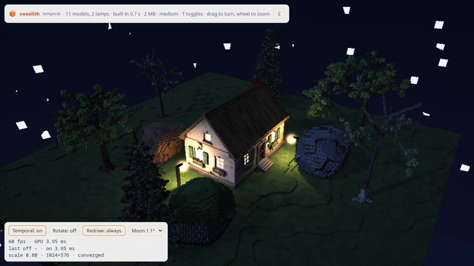 The temporal example: a cottage with lit windows on a small patch of hills at night, trees and rocks round it, two lamps on arms throwing pools of light, and the readout showing temporal on and converged